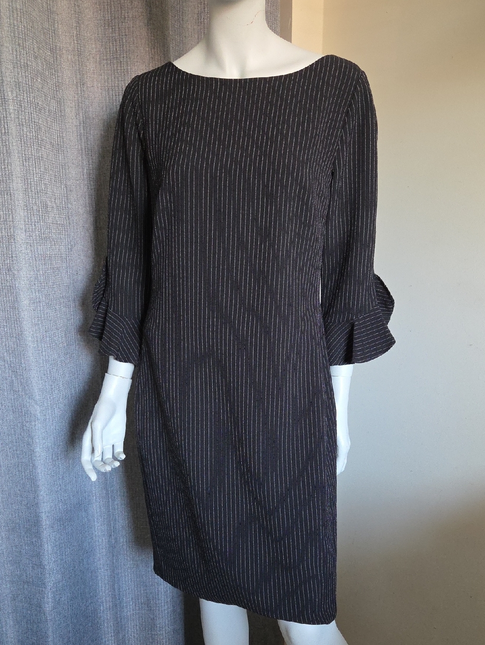 NWOT Karl Lagerfeld Black Pinstripe Fitted 3/4 Length Ruffle-Cuff Sleeve Dress